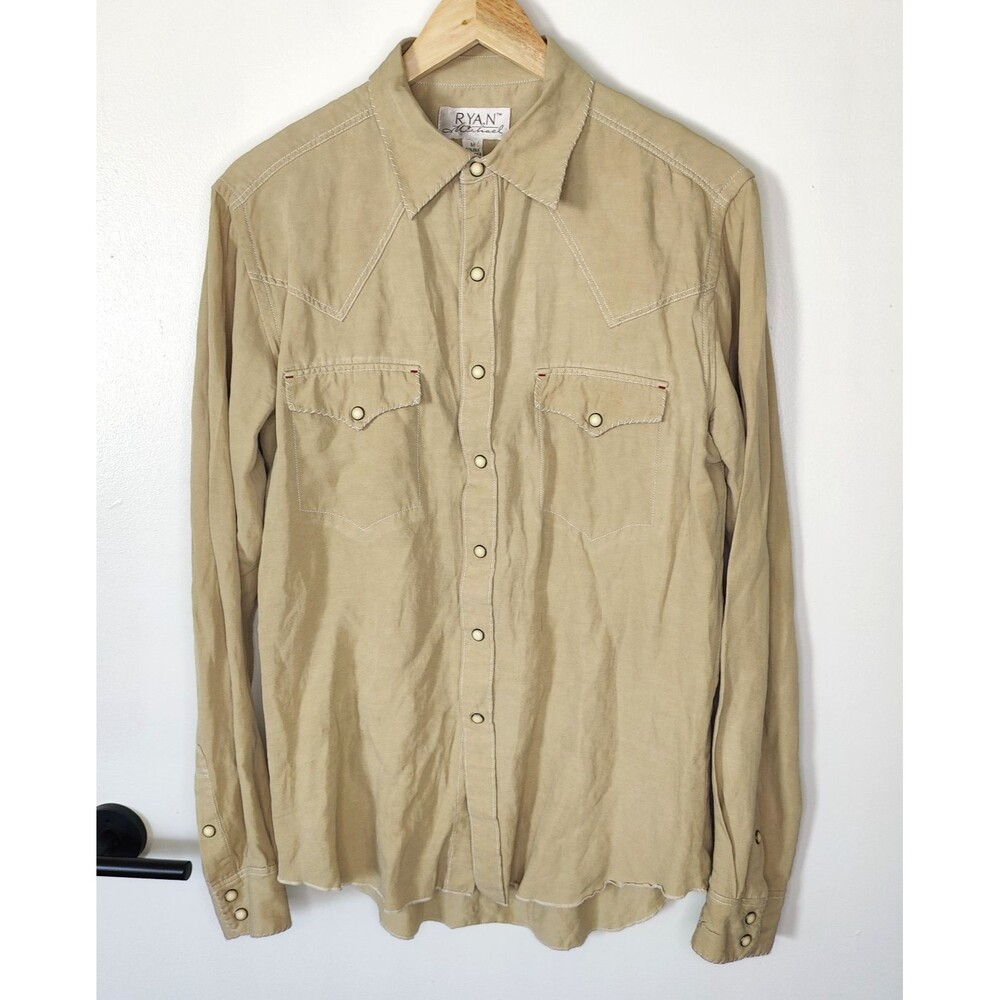 Ryan Michael Western Pearl Snap Silk Blend Mens Medium Tan Yoke Cowboy Rodeo